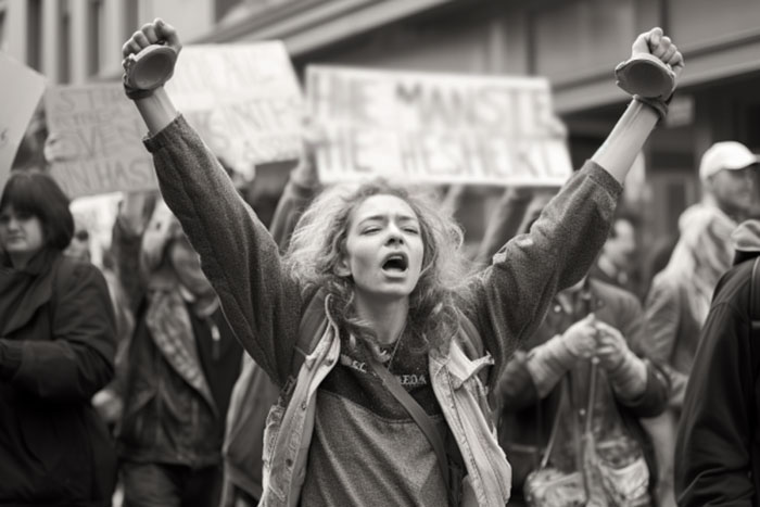 Young woman in a protest march
